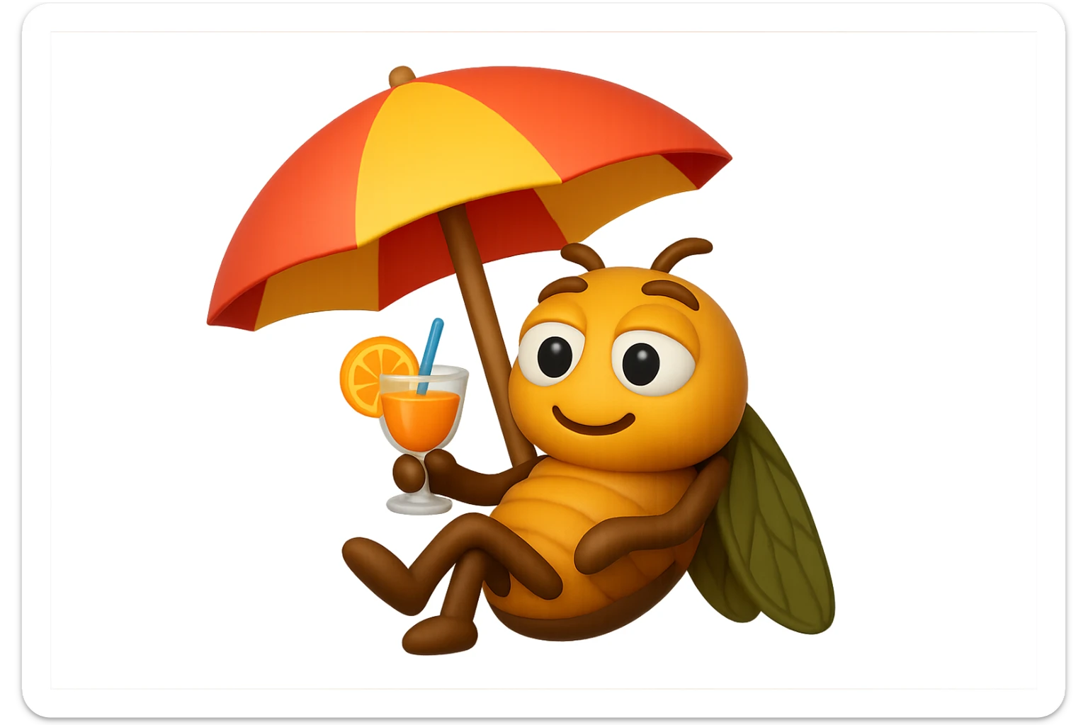 EMOJI STILE IPHONE 3D DI UNA CICALA CHE STA RILASSATA SEDUTA SOTTO L'OMBRELLONE IN SPIAGGIA CON UN COCKTAIL IN MANO, FAGLI GLI OCCHI CON LA PARTE BIANCA, NON SOLO LA PUPILLA sticker