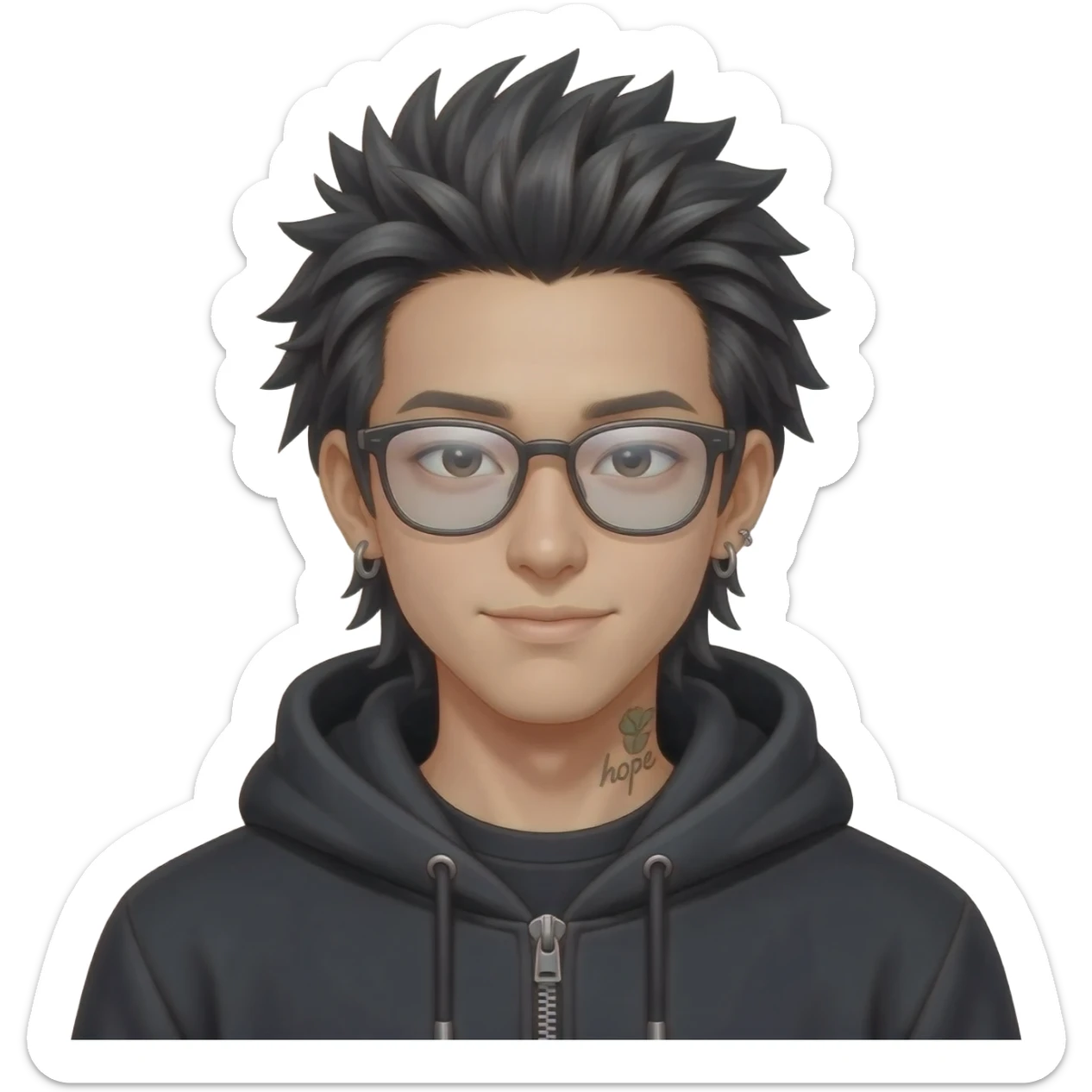 japan boy with spiky long hair and black hoodie zip one-sided earrings tattoo with the word "hope". cool face wear glasses sticker