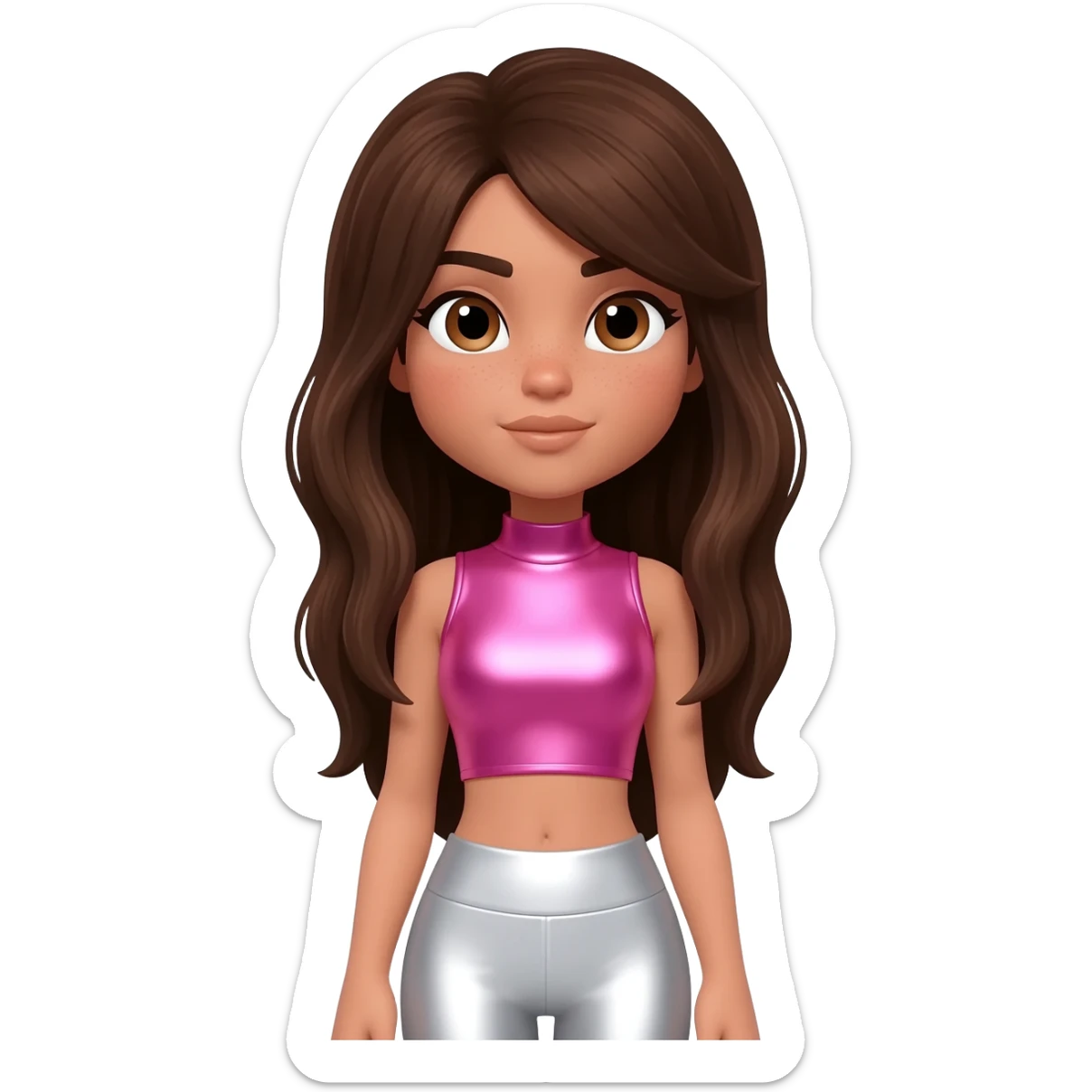 Azzyland with brown eyes, long dark brown hair, pink metallic crop top, white metallic leggings sticker