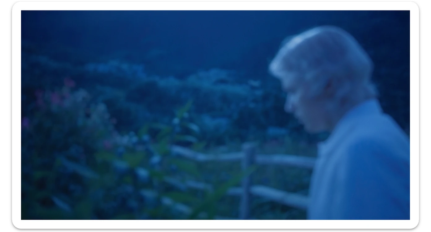 A portrait of a white person in the foreground, blurred plants in the foreground, a wooden fence and colorfull flowers in the midground, rolling hills in the background, cinematic depth of field, layered composition, moon back light (Blue night) sticker