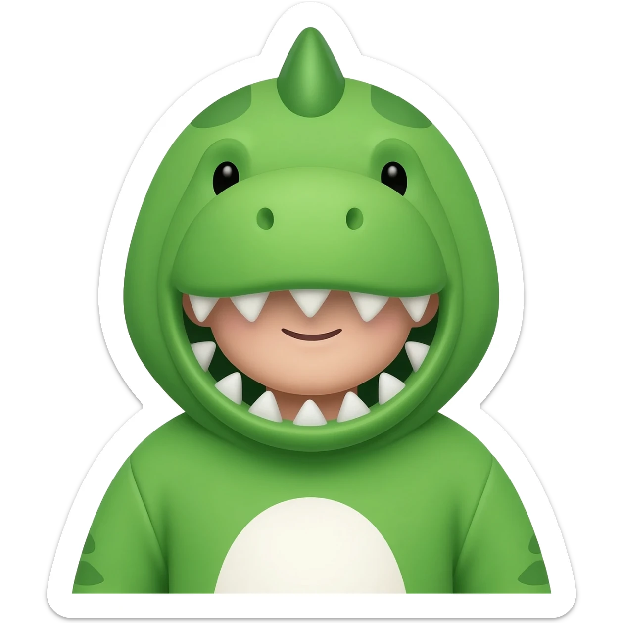 🦖 Costume
Le costume est vert vif avec un ventre blanc au centre.
Sur la tête, il a une capuche en forme de tête de dinosaure, avec de petites dents triangulaires autour du visage.
On voit aussi une petite crête ou pointe sur le dessus de la tête, pyjama
😀 Visage
Le visage est très cartoon sticker