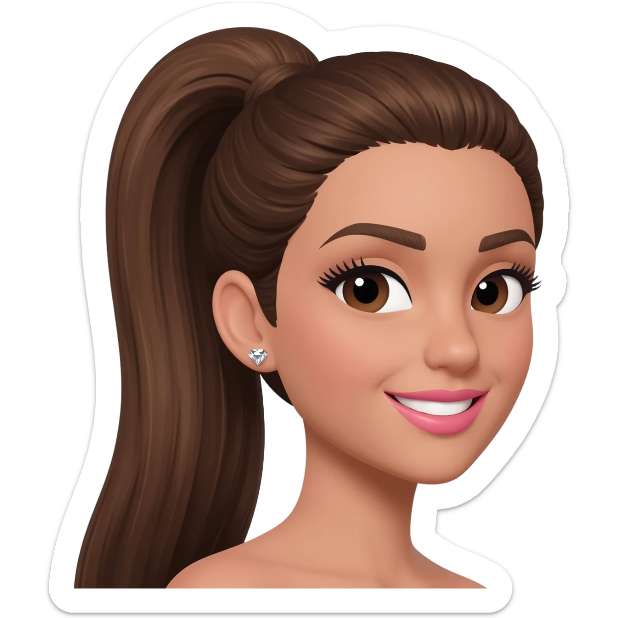 brunette with long  medium brown hair in a sleek high ponytail, dark brown eyes, medium brown eyelash color, full lips, small button nose, fair olive color skin, with full eye lashes, diamond earring studs, with pink lipstick, nice smile, with medium brown eyebrows sticker