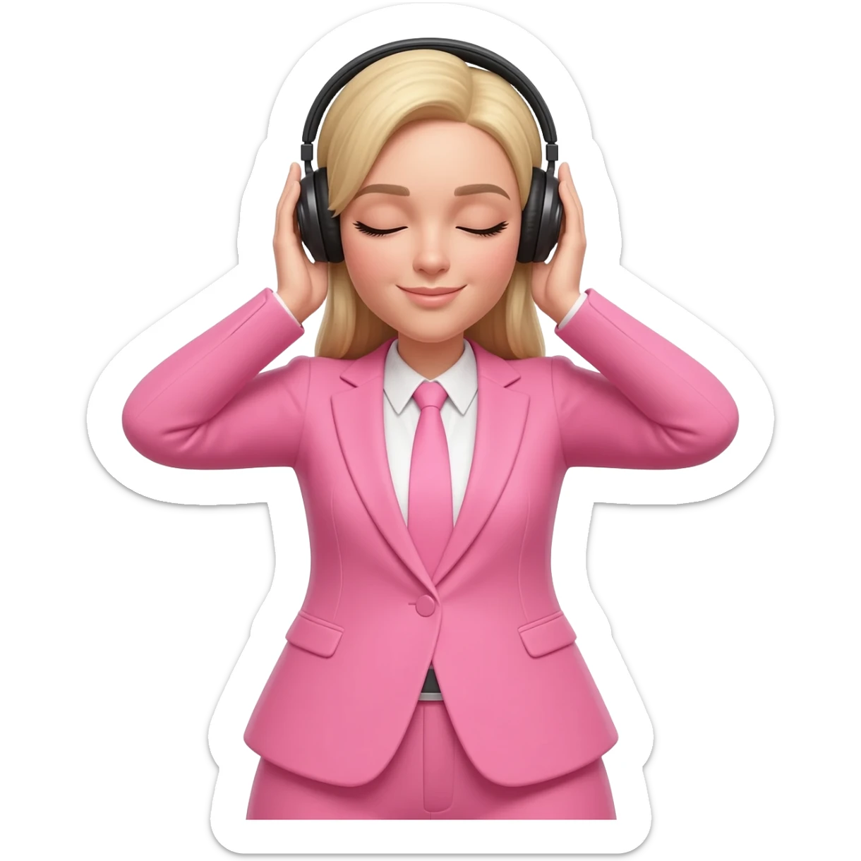Woman in blonde hair and pink suit wear a black headphones on head connect to pink iphone max pro and hold on headphones on head with hands on headphones with close eyes sticker