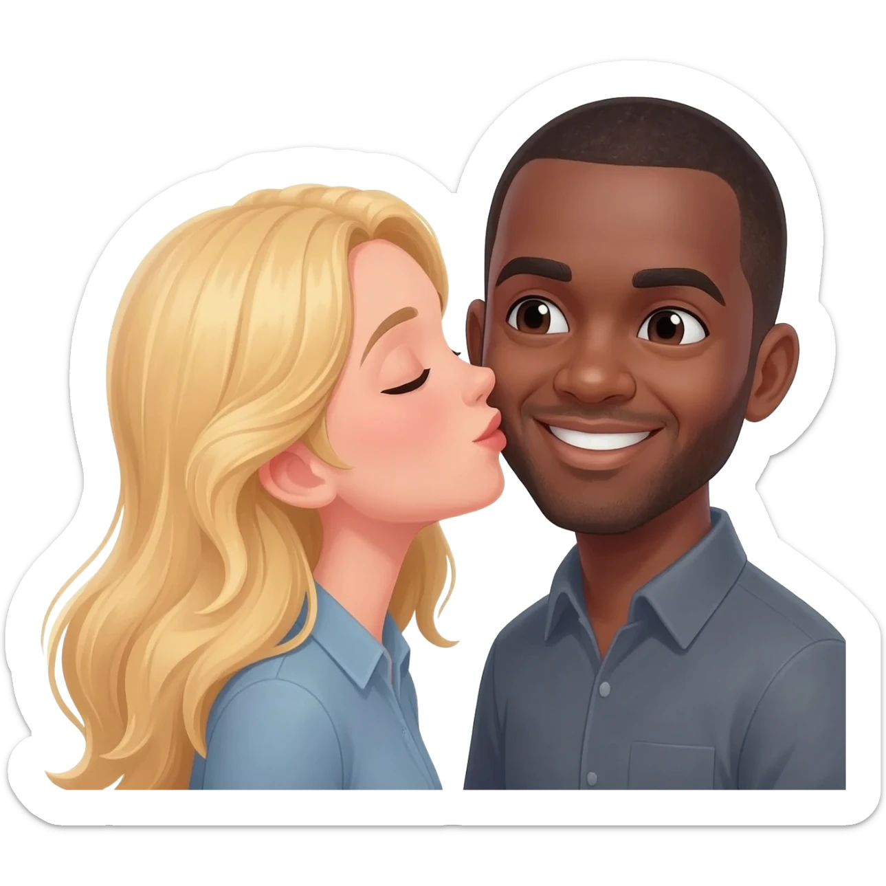Blonde woman kissing black man with shaved head on the cheek sticker