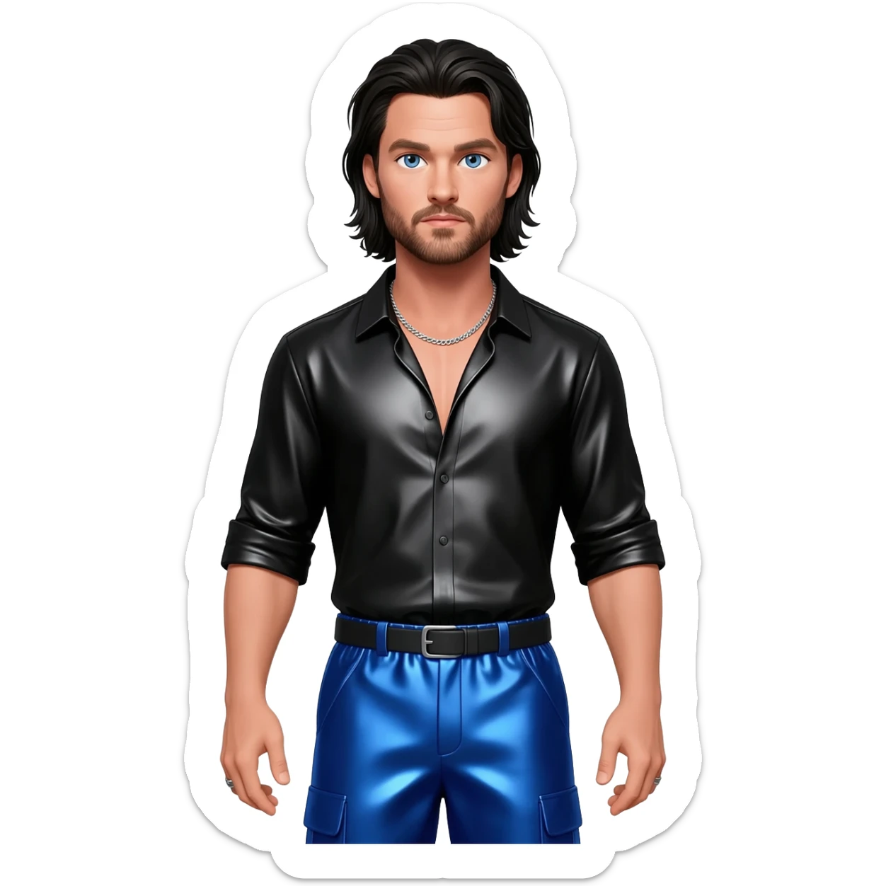 Chris Hemsworth with blue eyes, long black hair, black metallic shirt, cobalt blue metallic baggy pants, silver necklace sticker