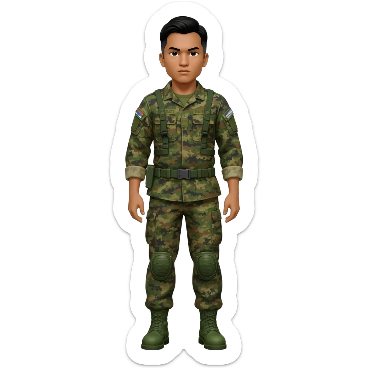 Filipino soldier bdu camo with green combat boots no plate carrier and no belt no knee pads sticker