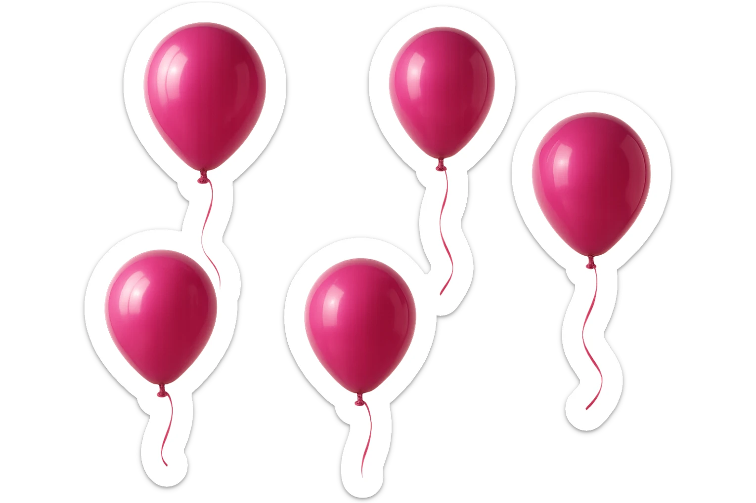 5 palloncini magenta fluttuano in aria isolati su sfondo bianco, iperrealistico 4k sticker