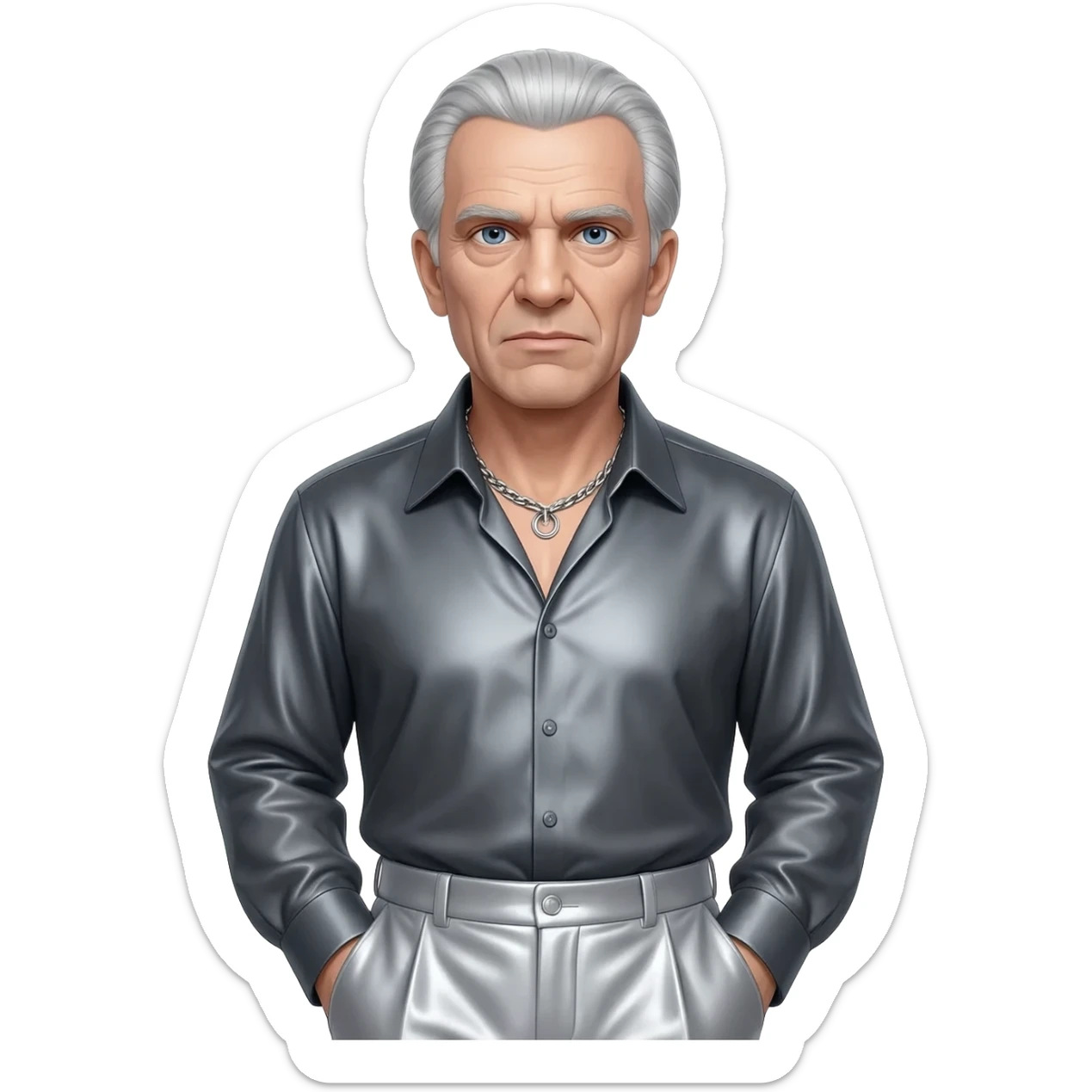 Ernst Stavro Blofeld from James Bond with blue eyes, silver hair, charcoal grey metallic shirt, light gray metallic baggy pants, silver necklace sticker