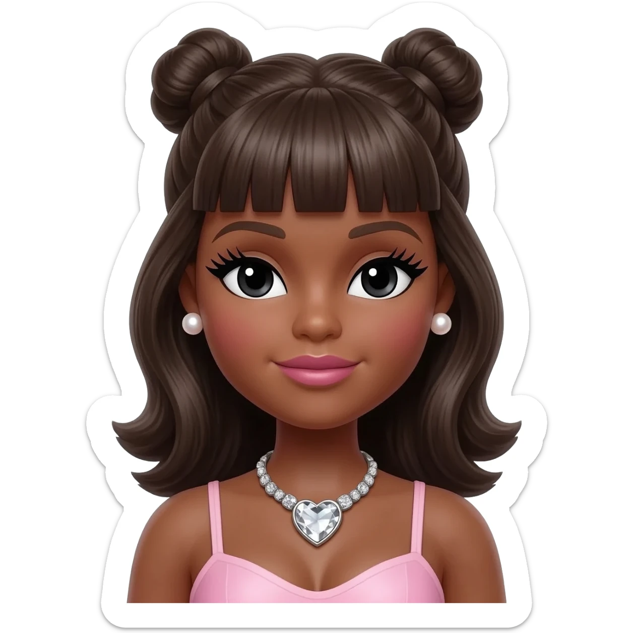 pearl earrings stud, Long giant lashes, Doll faced shaped,swarovski heart with Rhodium plated necklace, bimbo, black doll eyes, barbie, dark brown skin, with two high buns with long middle part bangs dark brown hair, light pink, big breast sticker