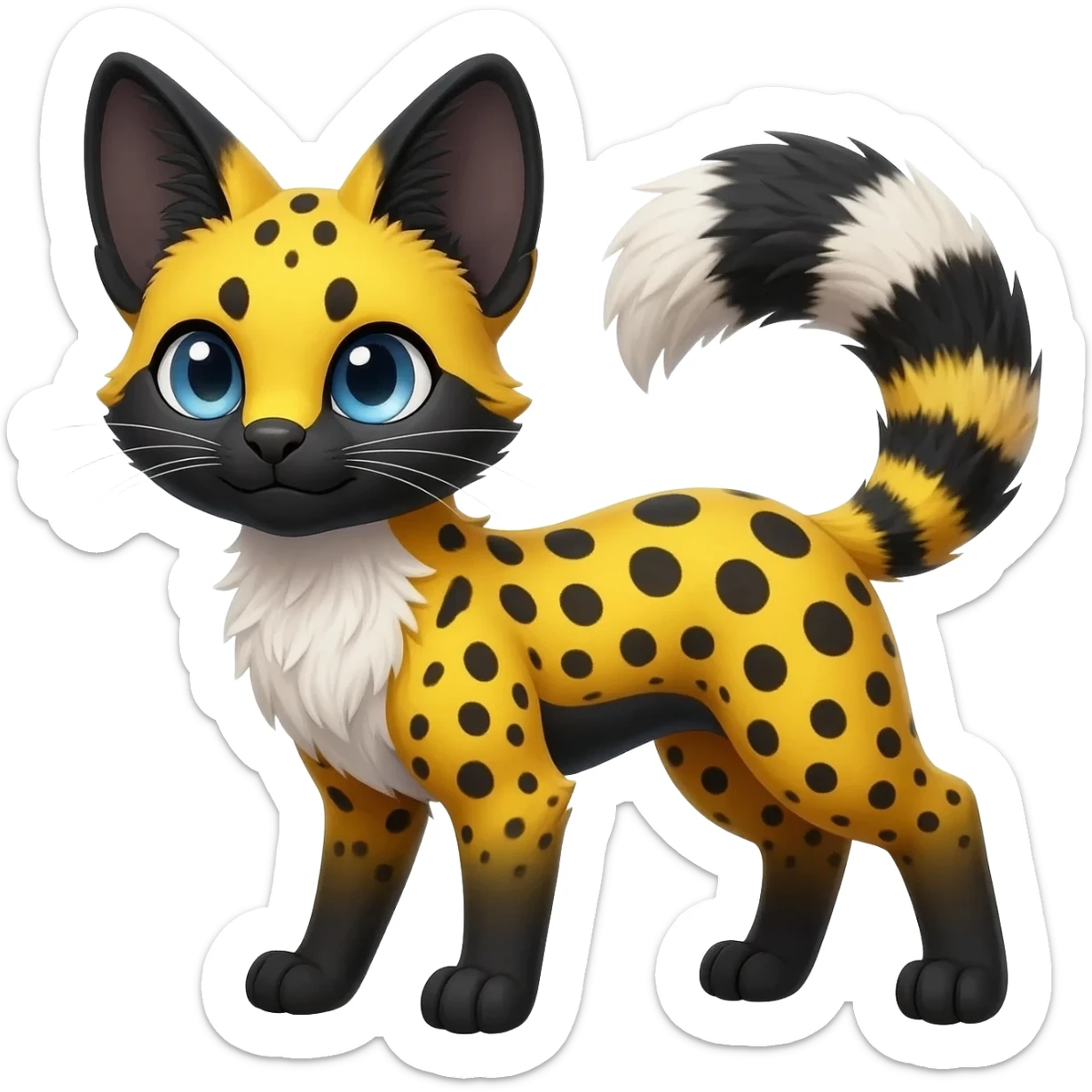 beautiful elegant spotted hype-realistic, black-maned, vibrant yellow Genet-Serval-Sergal-Margay-Fox-fusion-hybrid-furry-fursona, full body, with a long puffy fluffy black-and-white-striped tail, black long big ears, with natural blue eyes sticker