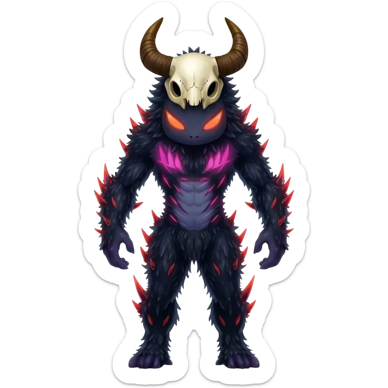 Shiny Dark Edgy  Duskull-Salandit-Inteleon-Amaura-Fakémon-hybrid-creature (full body) with a horned animal-skull-mask sticker