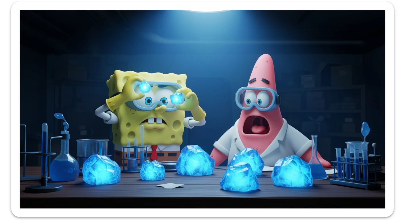 3D cienmatic cartoon shot, spongebob and patric dress in safety glasses and safe white outfit, the are standing front of table with blue crystals on table glowing (light source) science room in basement, back light, Cinema 4d render, proffesional lightning, blue colors sticker