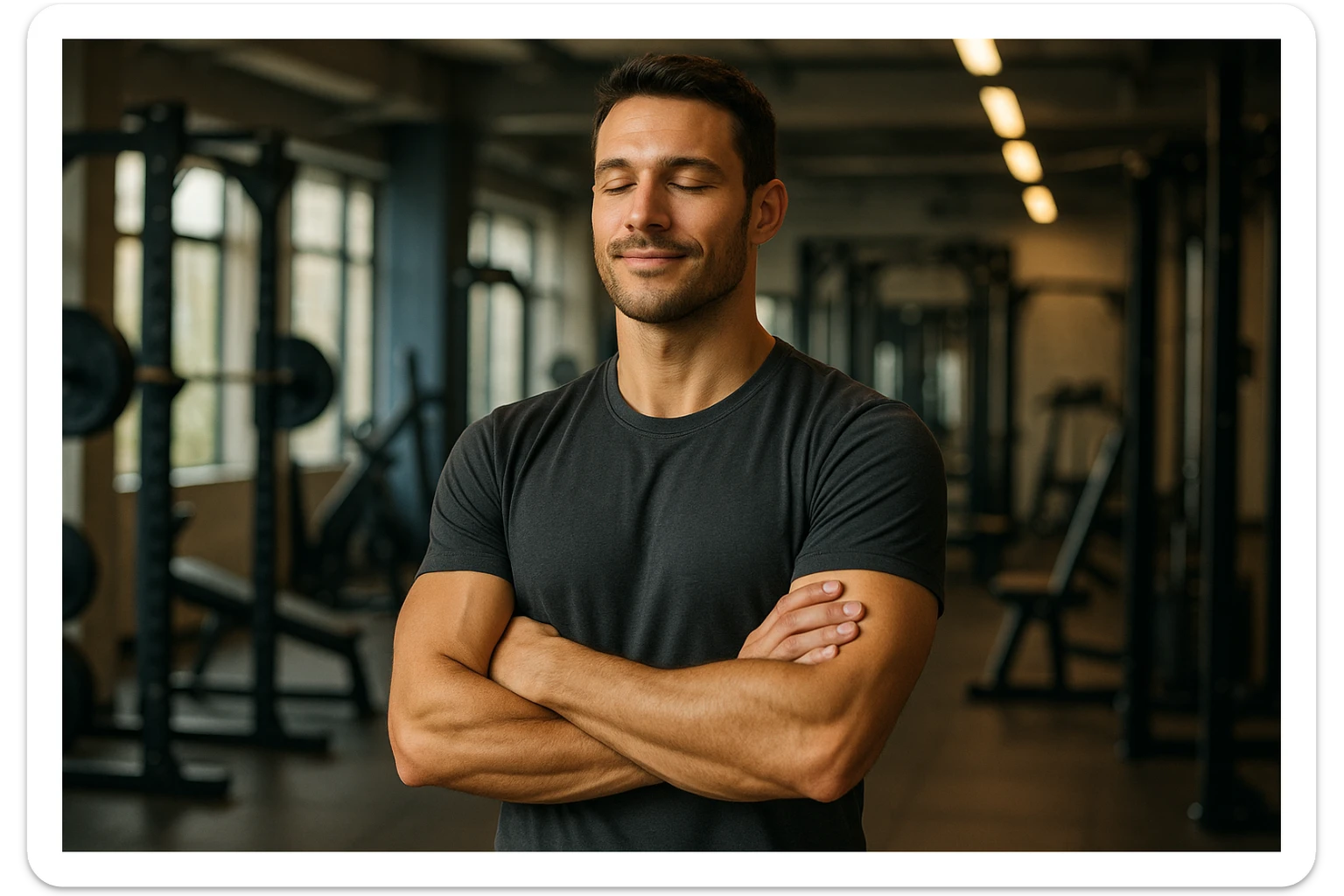 uomo sicuro di sè a braccia conserte, ben allenato e sereno, sullo sfondo una palestra sticker
