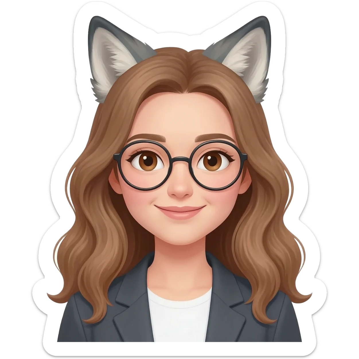 detailed emoji illustration of a woman with long light brown wavy hair and light brown eyes wearing round glasses, with wolf ears on top of her head, cute fantasy emoji style sticker