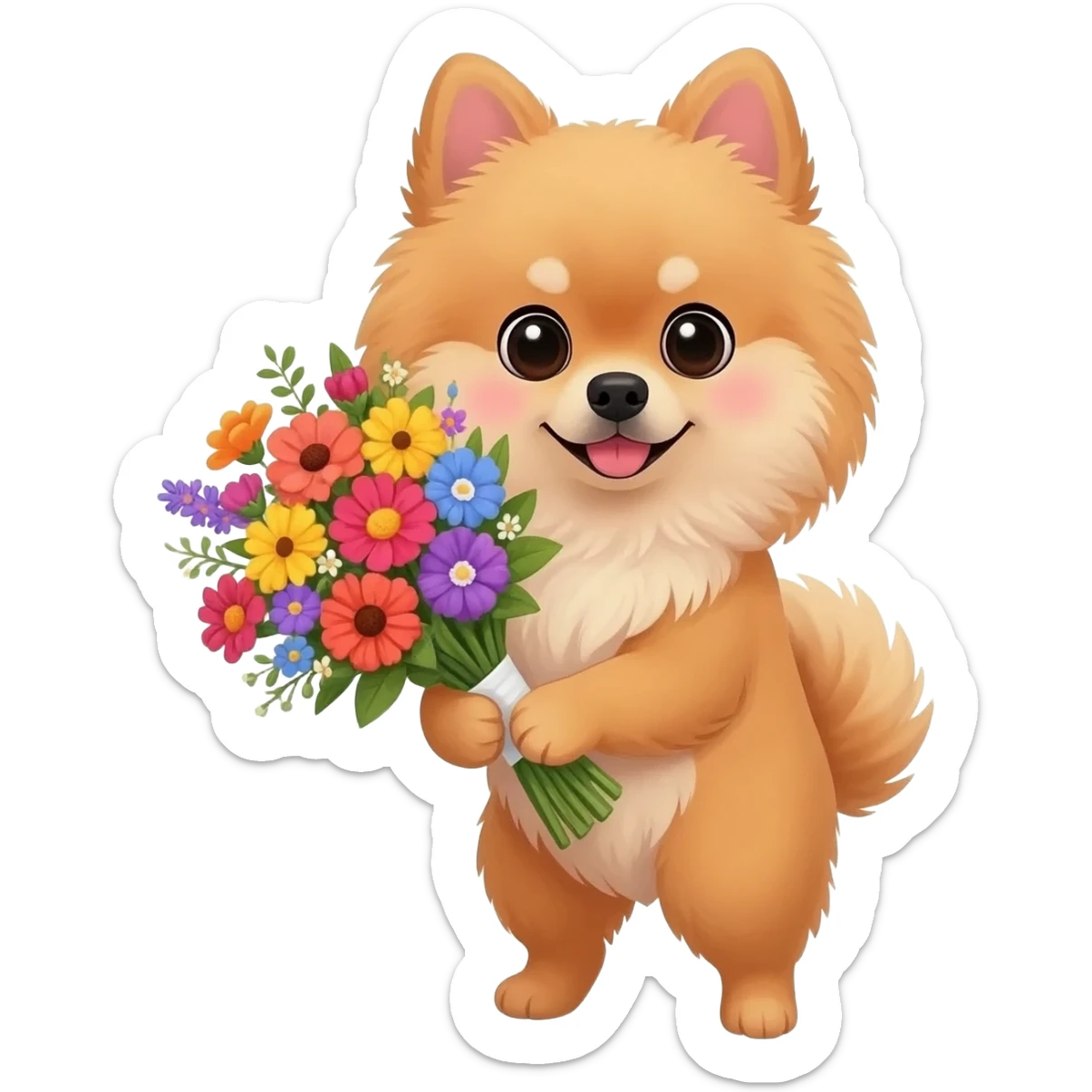 Pomeranian puppy holding flowers sticker