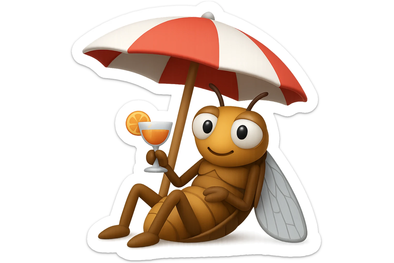EMOJI STILE IPHONE 3D DI UNA CICALA CHE STA RILASSATA SEDUTA SOTTO L'OMBRELLONE IN SPIAGGIA CON UN COCKTAIL IN MANO, FAGLI GLI OCCHI CON LA PARTE BIANCA, NON SOLO LA PUPILLA sticker