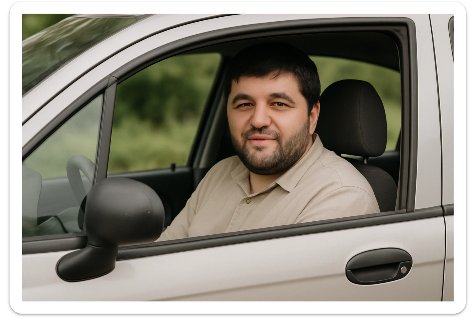 mana shu rasmdagi odam matiz mashinasining haydovchi o'rindig'ida o'tirib oynasidan kameraga qarab turgan holatini tasvirlab ber sticker