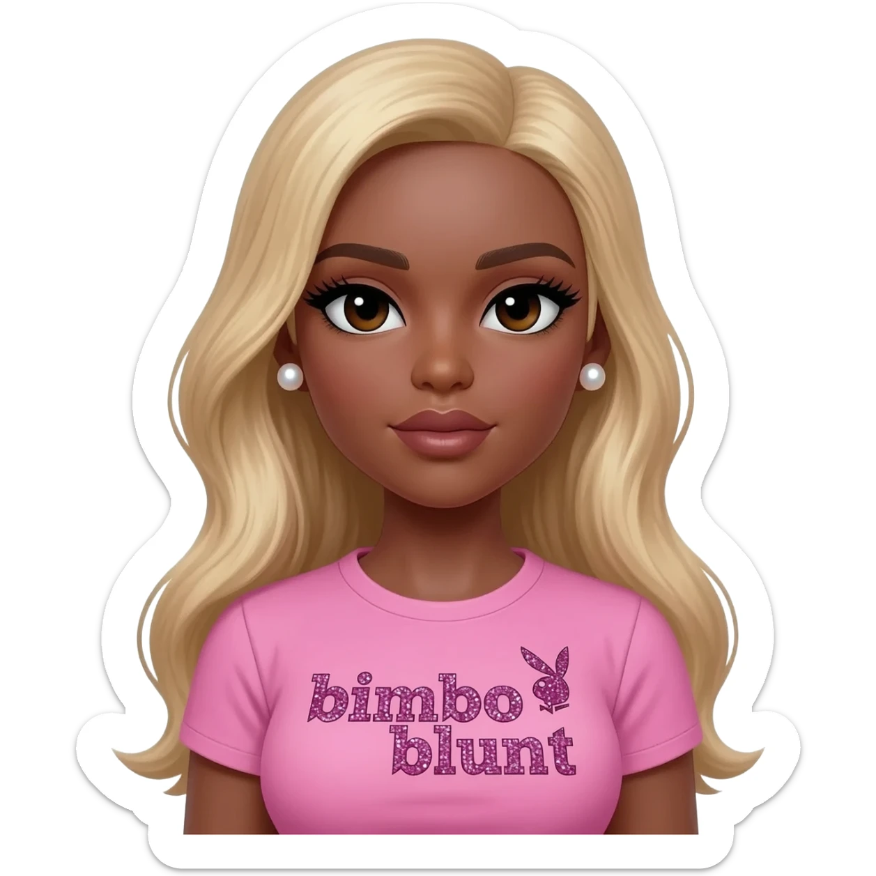 doll body , dark brown eyebrows, dark skin girl, pearl earrings stud, Long giant lashes, bimbo, black doll eyes, barbie, dark brown skin, with blonde hair, big breast, pink 2000s t shirt says on the sparkling text “bimbo blunt” on playboy logo sticker