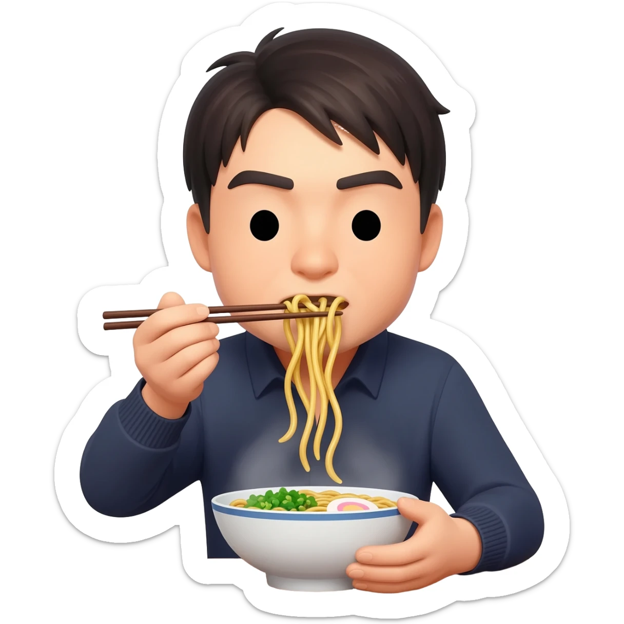 Japanese guy with eyes resembling two slashes. Eating ramen sticker