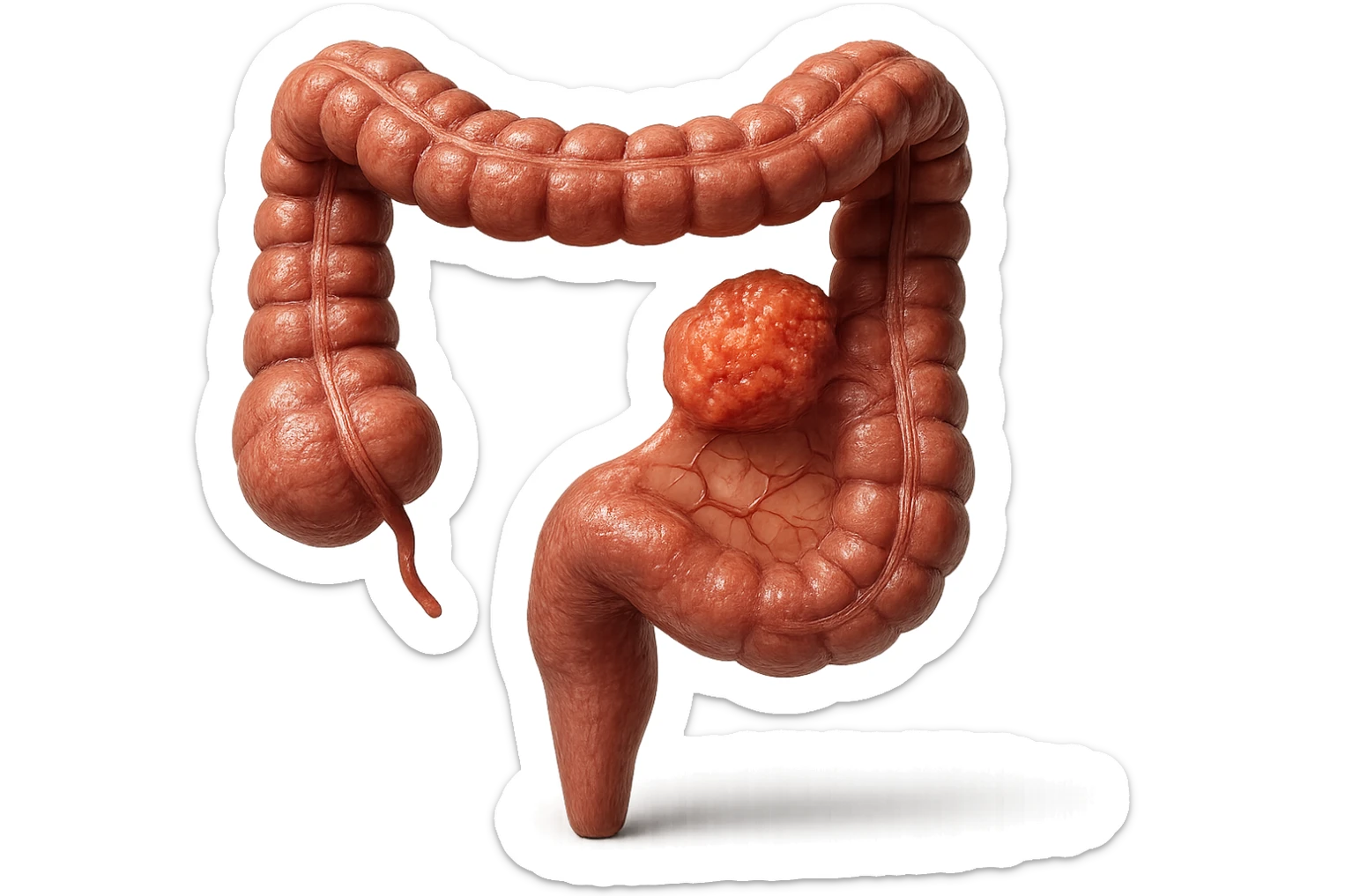 colon umano anatomico realistico malato di cancro, fai un punto visibile in cui si nota proprio la massa tumorale,+ iperrealistico 4k sticker