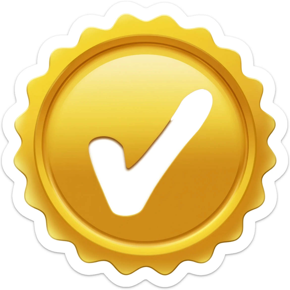 golden quality seal emoji, round badge with scalloped edges, gold color, white check mark in the center, flat emoji style, simple vector, transparent background sticker
