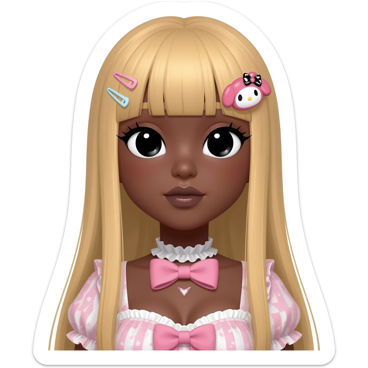 Gyaru makeup, my melody hairclip, cutecore, doll eyes, Doll, big chest, dark brown skin, with straig htened long blonde hair,  black cute eyes, cute lips with Gyaru outfit sticker