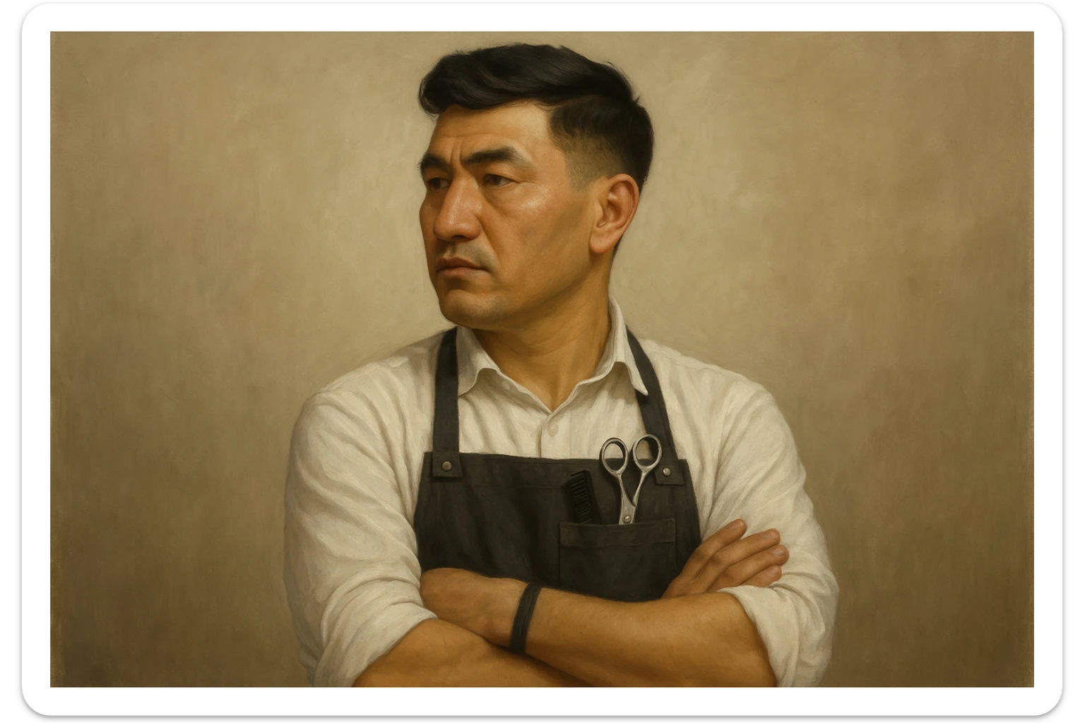 shu pozada turgan faqat o'ng tarafga qarab turgan sartarosh ustani tasvirlab ber realistik uslubda yoshi kattaroq soqol shart emas va uzbekistonlik erkak soch turmagi ham boshqacharoq bo'laversin sticker