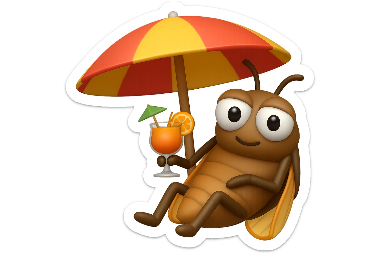 EMOJI STILE IPHONE 3D DI UNA CICALA CHE STA RILASSATA SEDUTA SOTTO L'OMBRELLONE IN SPIAGGIA CON UN COCKTAIL IN MANO, FAGLI GLI OCCHI CON LA PARTE BIANCA, NON SOLO LA PUPILLA sticker