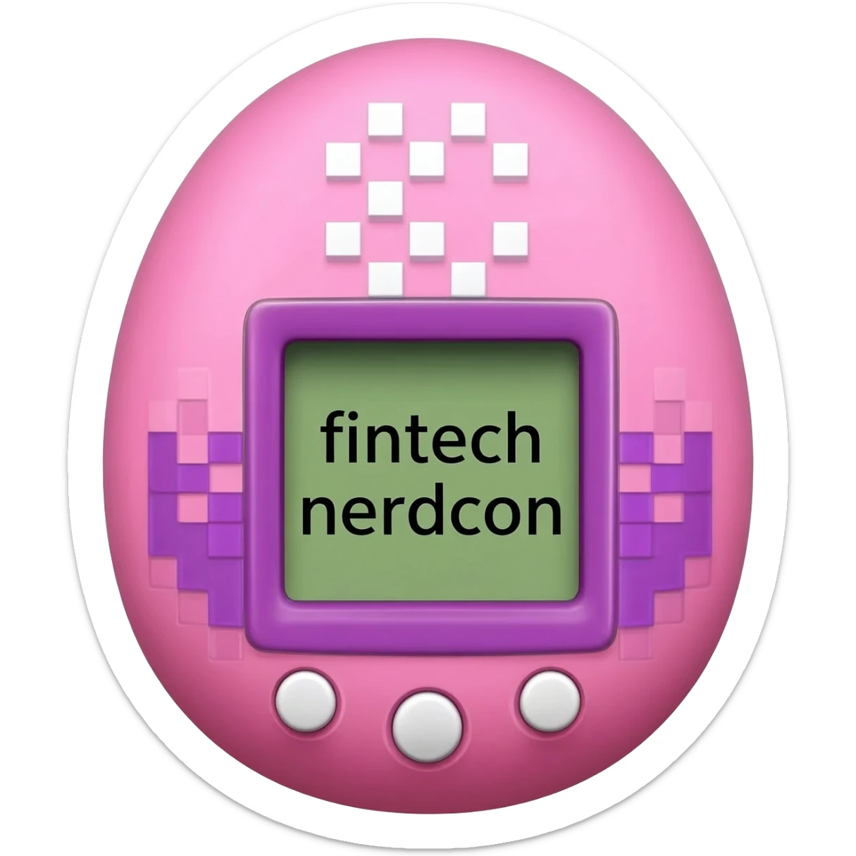 please create me a tamagotchi that syas fintech nerdcon on the screen, and make the style of the tamagotchi round and nerdy and gamer like. GTA style. PINK sticker