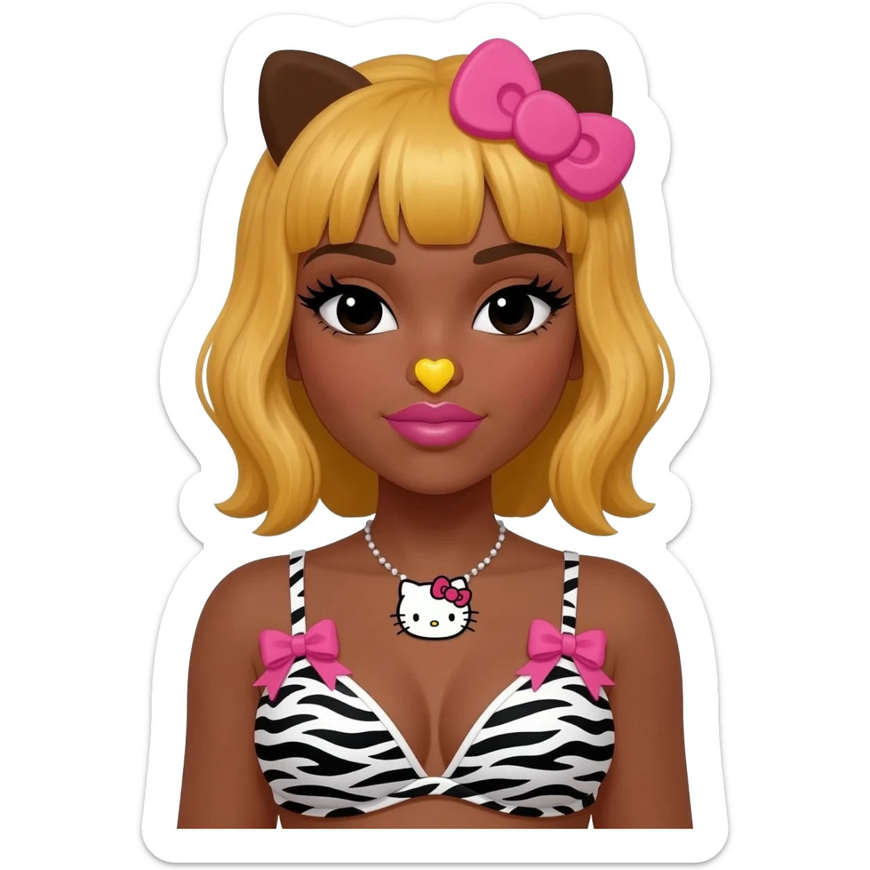 black eyes, cute heart shaped lips, long lashes, bimbo, dark brown skin with honey blonde hair with hello kitty brown ears, with yellow nose, zebra print bra with pink bows, hello kitty necklace sticker