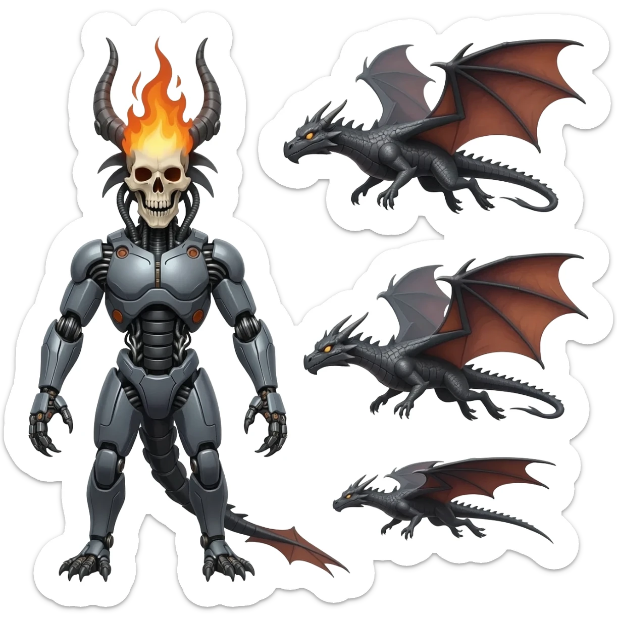 A sprite sheet of a cybernetic dragon with a burning skull head, show all 3 stages of him flying with no back ground, show the 3 stages of him flying in a row, with changing wing positions for each stage of flying, all 3 must be pointing right sticker