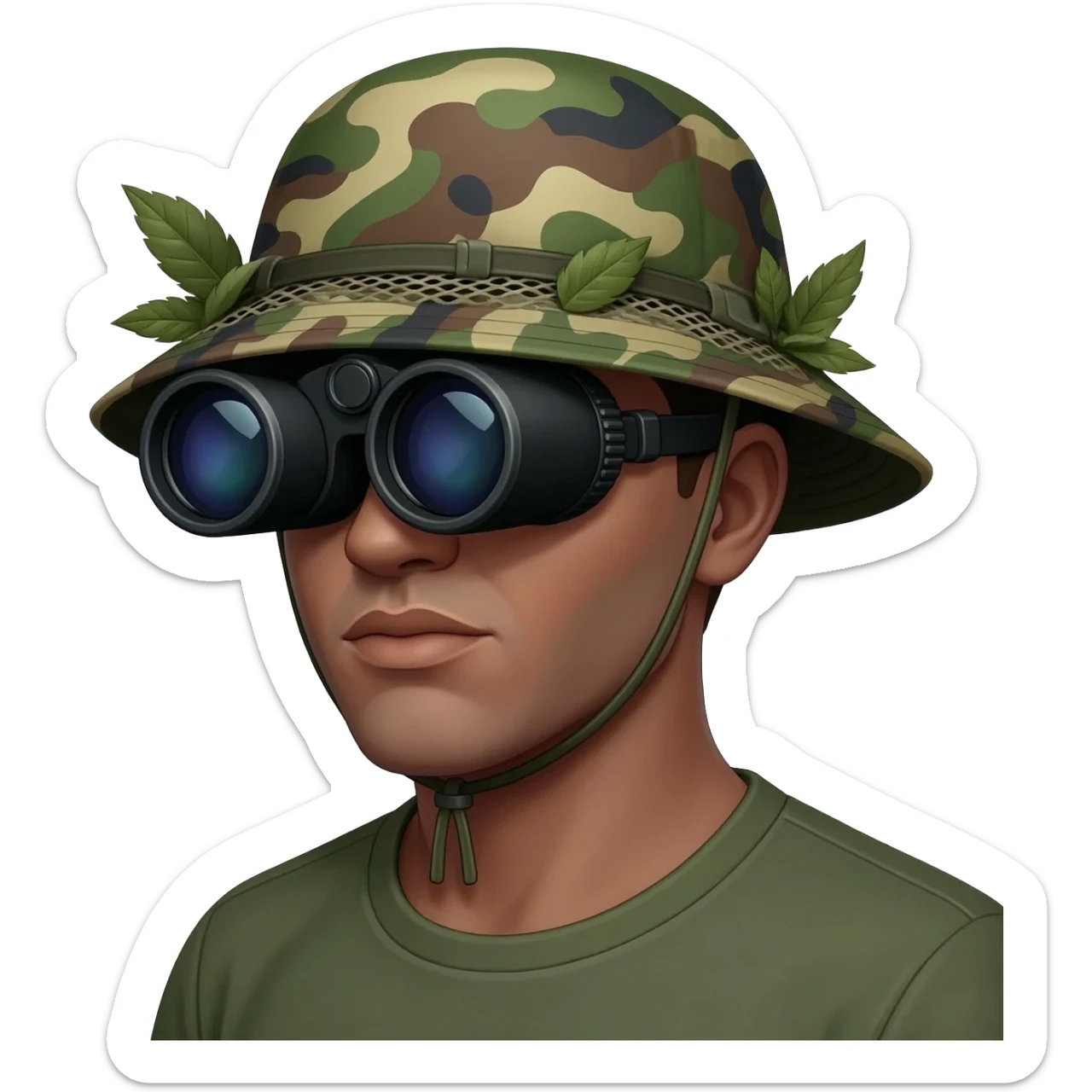 A raven from shoulders up and from 45 degrees, wearing dual tube night vision devices pvs-31 over their eyes, and a camoflage Boonie hat with a few more bits of scrim and leaves attached to the hat sticker