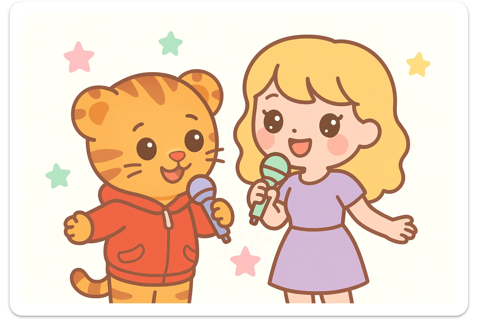 Daniel Tiger and Taylor Swift together, singing, cute kawaii style, bright colors, adorable expressions sticker