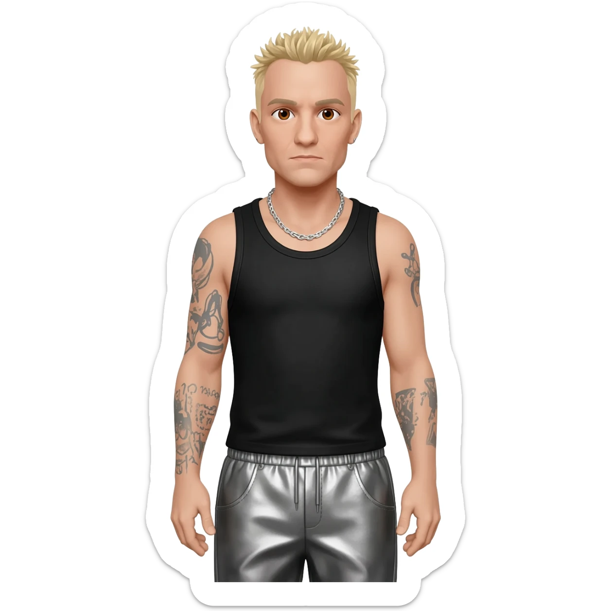 Chester Bennington with brown eyes, blonde hair, black metallic tank top, charcoal metallic baggy pants, silver necklace sticker