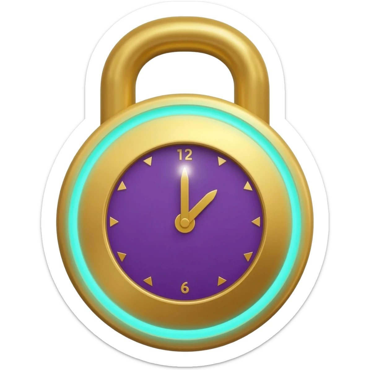 golden padlock with purple elegant purple analog clock with golden hour and minute hands, teal glowing rim, tiny sparkle at 12 o'clock position sticker