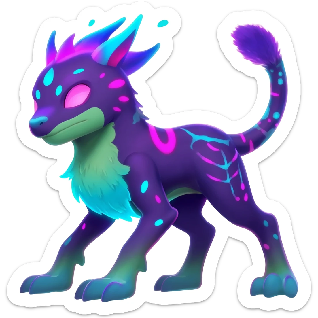 Rare realistic dark-neon glowing bioluminescent edgy badass epic pretty beautiful handsome gorgeous aesthetic colorful vibrant Vernid-Trico-species-Fakemon-creature by LiLaiRa, 4 legs, 1 tail, random markings, (full body) sticker