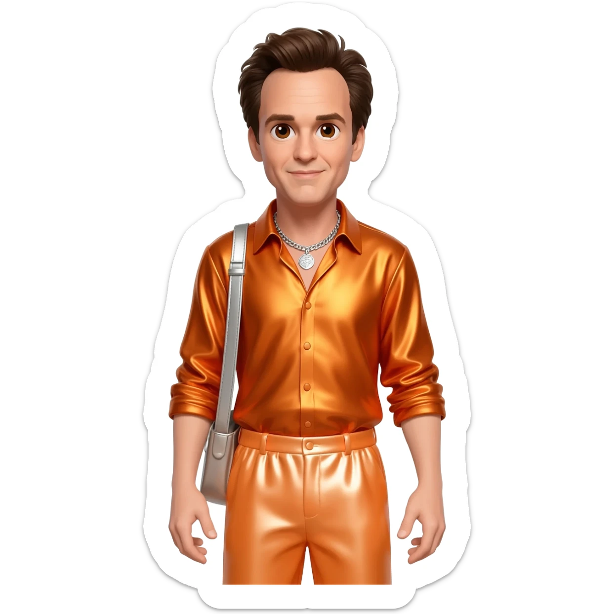Jim Carrey with brown eyes, dark brown hair, orange metallic shirt, light orange metallic baggy pants, silver necklace sticker