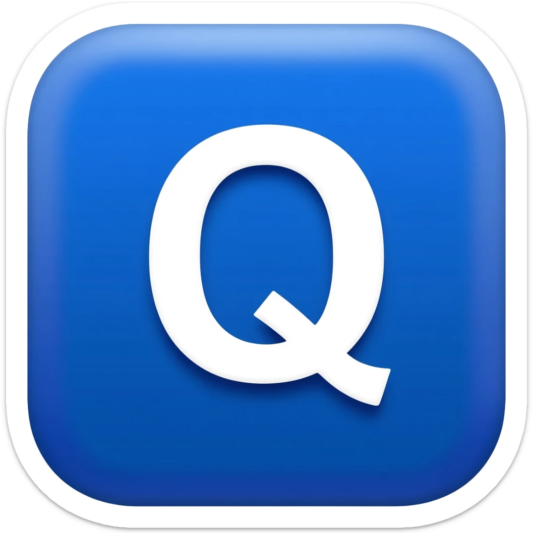 "3D premium,3D rounded-square icon in strong bleu with a beveled edge, bold serif white letter 'Q'centered, strong specular highlights, inner glow, 1024x1024, png" sticker