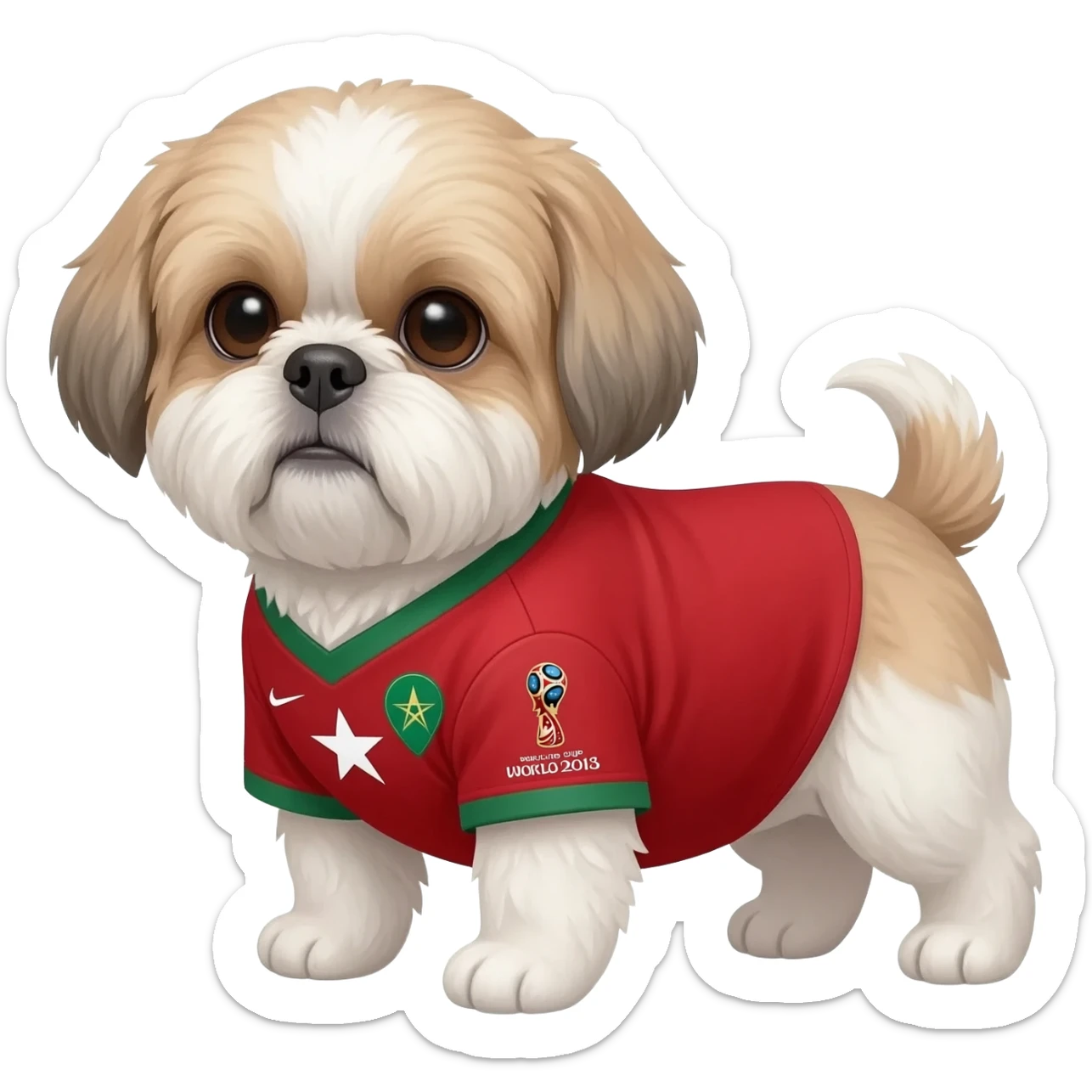 white and light brown shih zhu wearing a morocco soccer jersey v neck 2026 work cup sticker