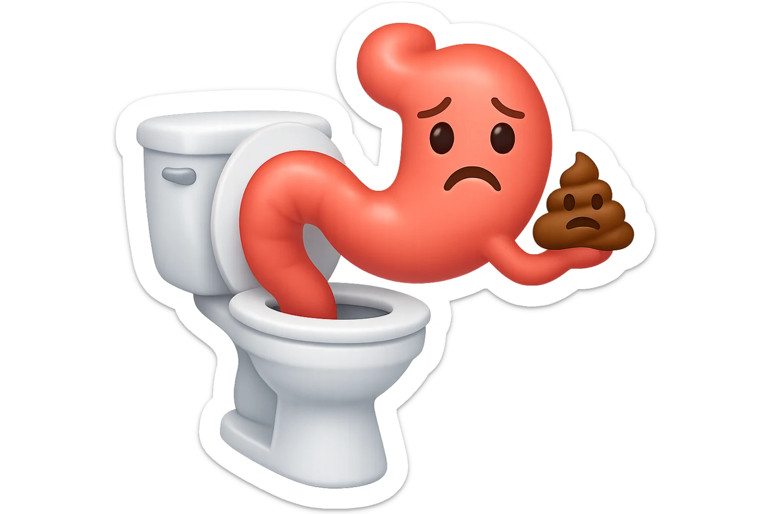 emoji stile iphone di un intestino che esce dal wc con in mano una montagnetta di feci con espressione triste a palline sticker