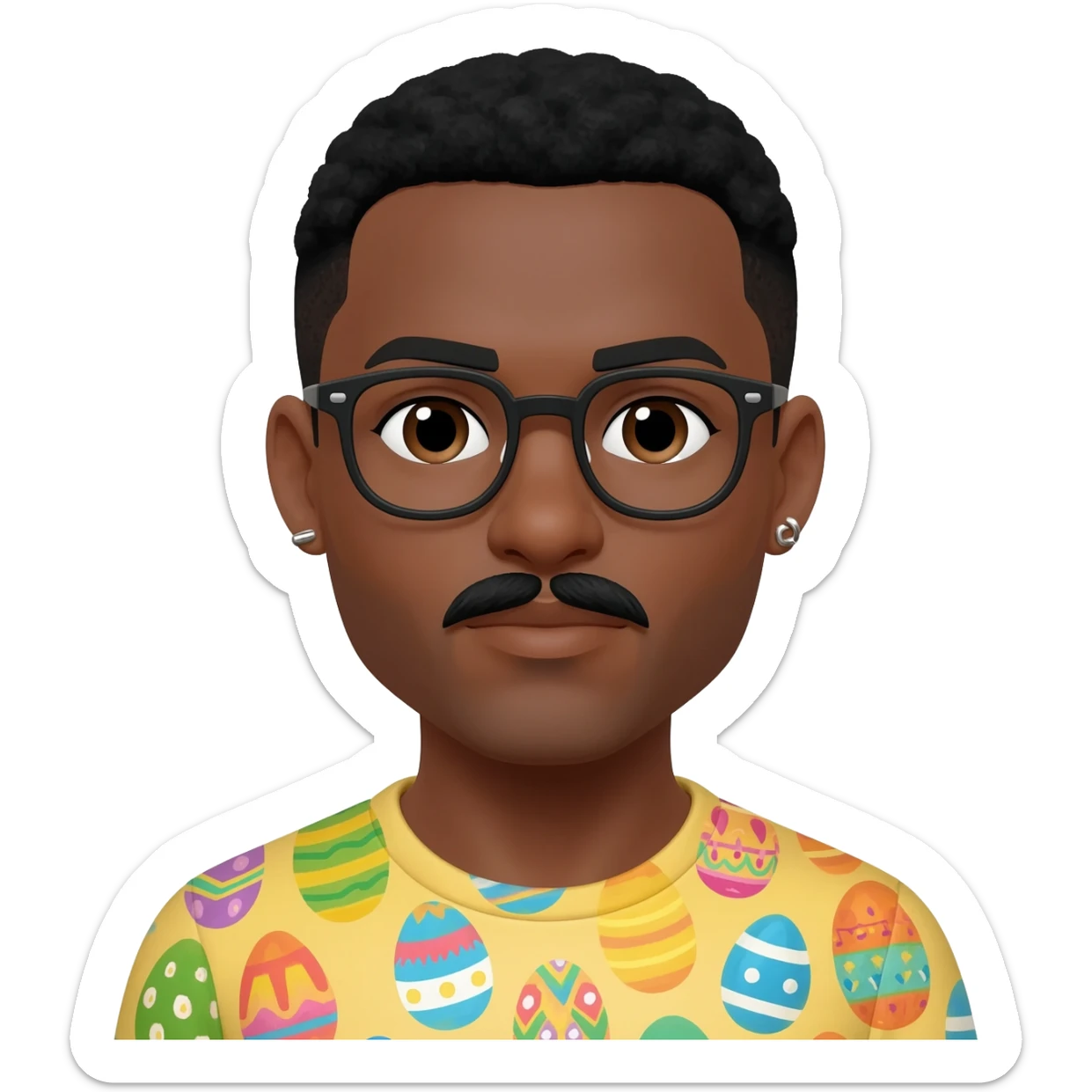 Black man with glasses, mustache,  stud earrings, and Easter eggs sticker