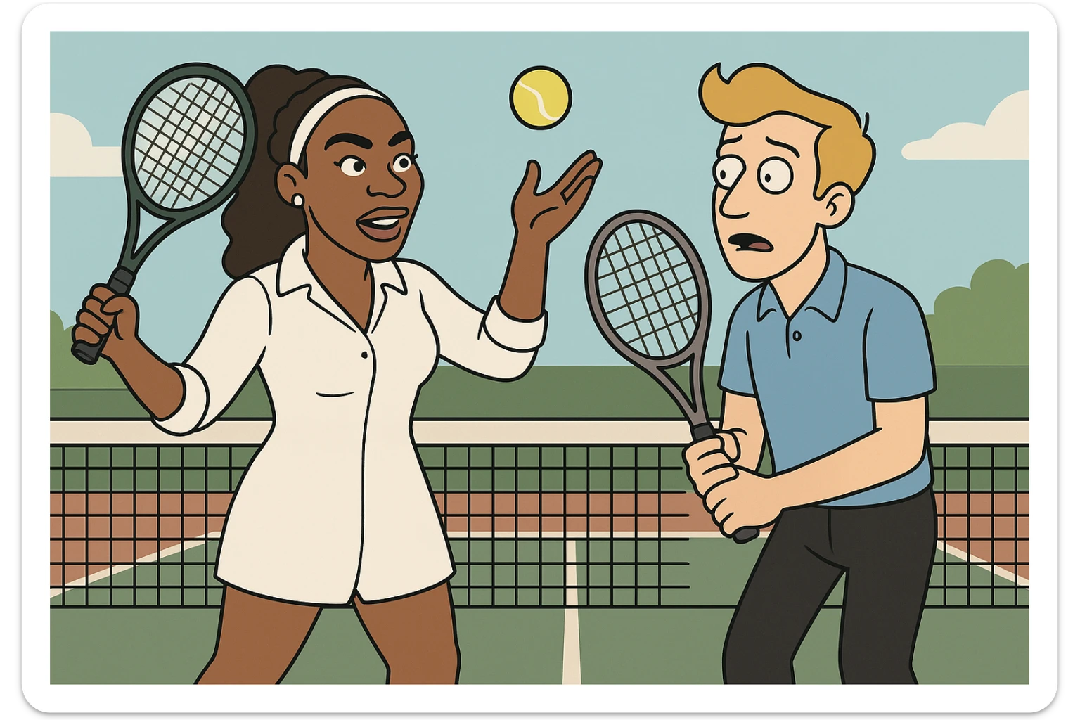 Serena Williams white shirt dress tennis racket one ball tennis a man dark yellow hair blue shirt black trousers tennis racket tennis court background  sticker