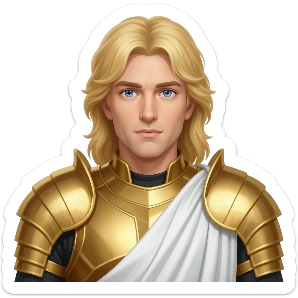 Archangel Michael from Christian Mythology with blue eyes, long blonde hair, gold metallic armor, white metallic toga sticker