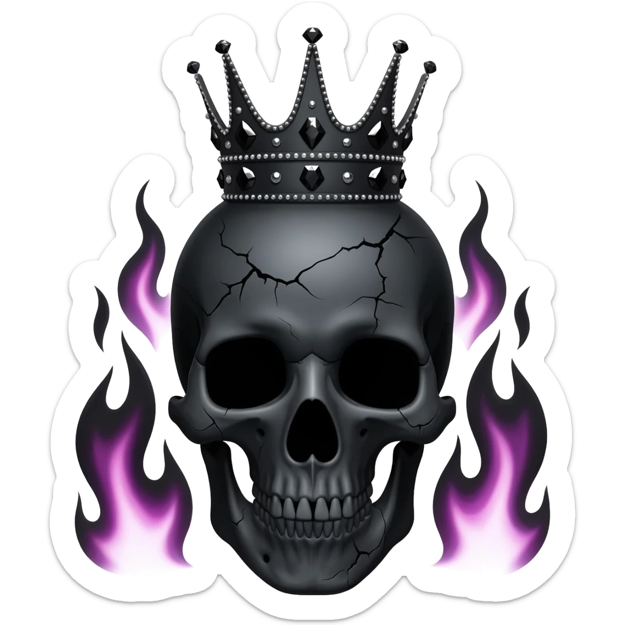 generate a black skull with a black diamond crown burning with a black flame sticker