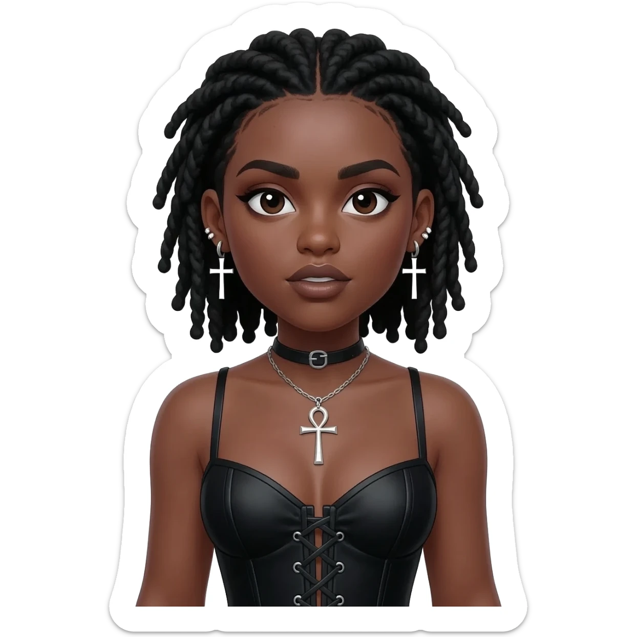 goth black girl with black corset, with brown skin, cross earrings, ankh necklace with center parted short black dreadlocks, whole white face paint sticker
