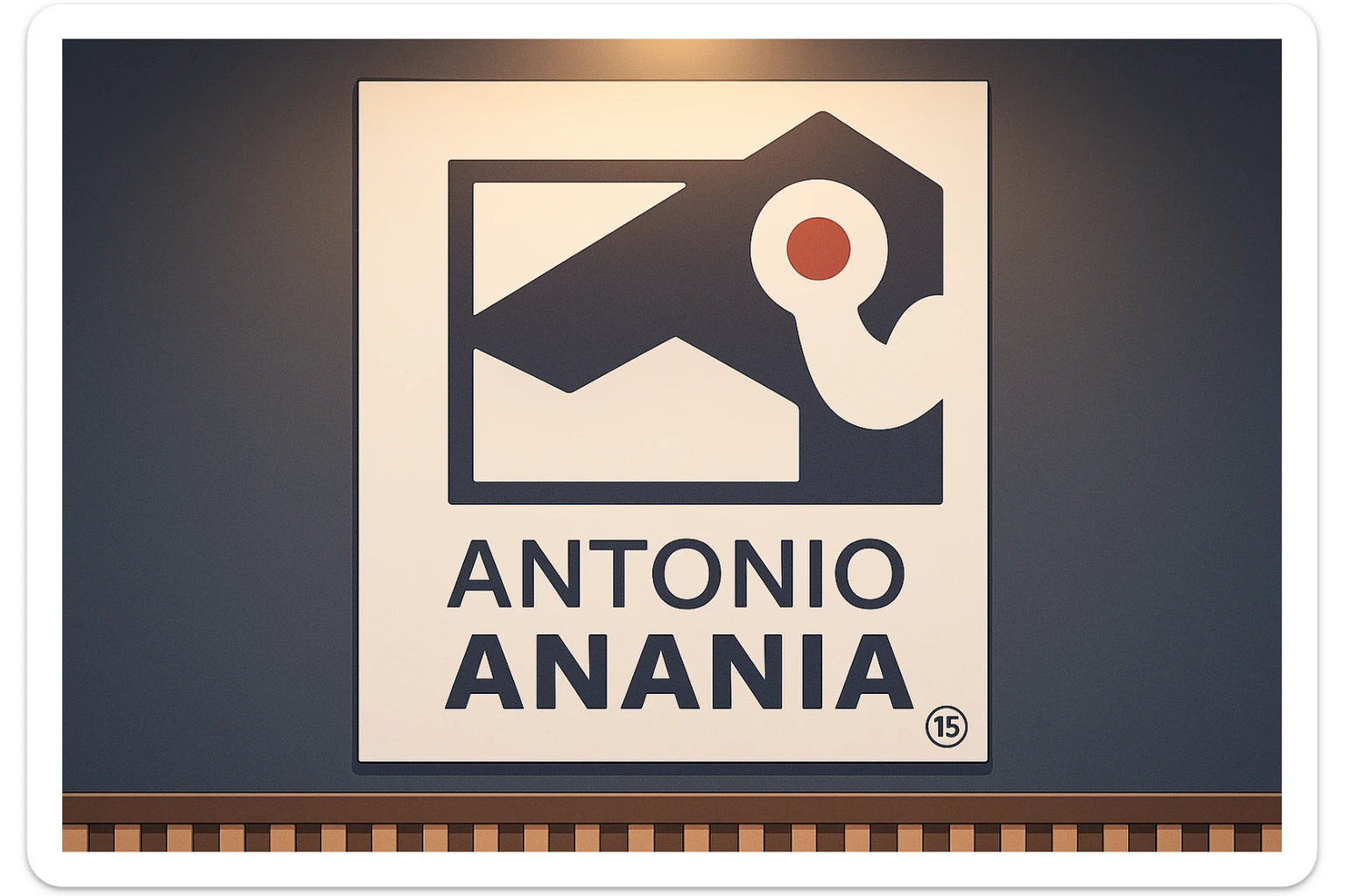 su questo stile fai un manga/webtoon a colori in cui mostri quella parete dietro dello studio con il suo logo e la scritta "ANTONIO ANANIA" SOTTO IL LOGO, LUCE CHE ILLUMINA IL LOGO sticker