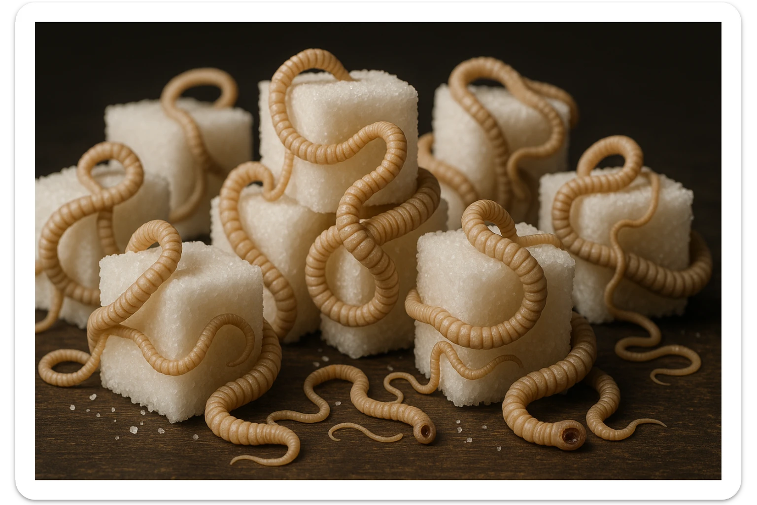 ZOLLETTE DI ZUCCHERO CON PARASSITI TIPO LA TENIA ARROTOLATE INTORNO AD OGNI ZOLLETTA, IPERREALISTICO 4K sticker