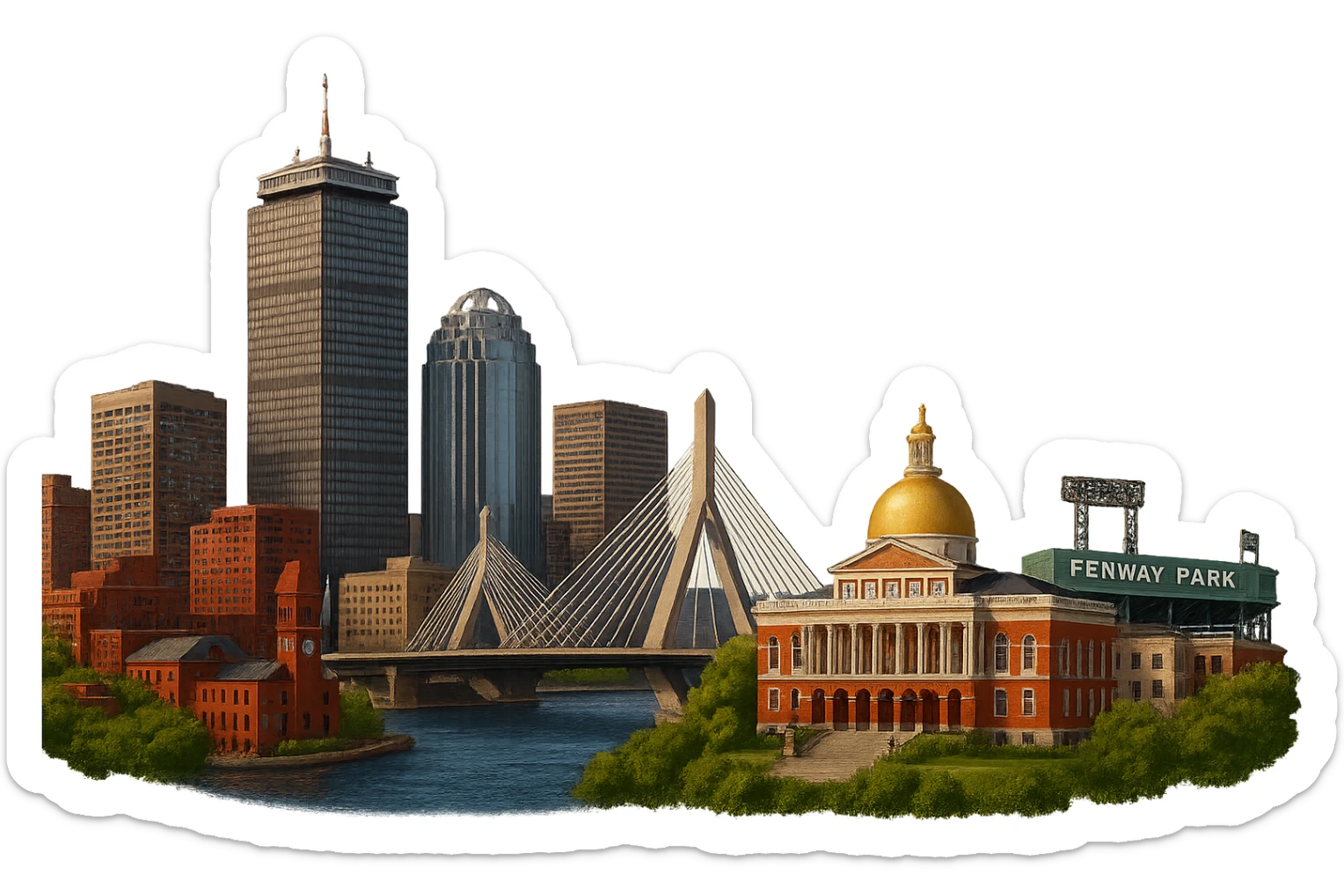 cinematic, realistic emoji of Boston, wide city view with iconic landmarks Prudential Tower, Zakim Bridge, Massachusetts State House, Fenway Park, lifelike detail, accurate colors, bright daytime lighting, fully transparent background, no sky, no clouds sticker