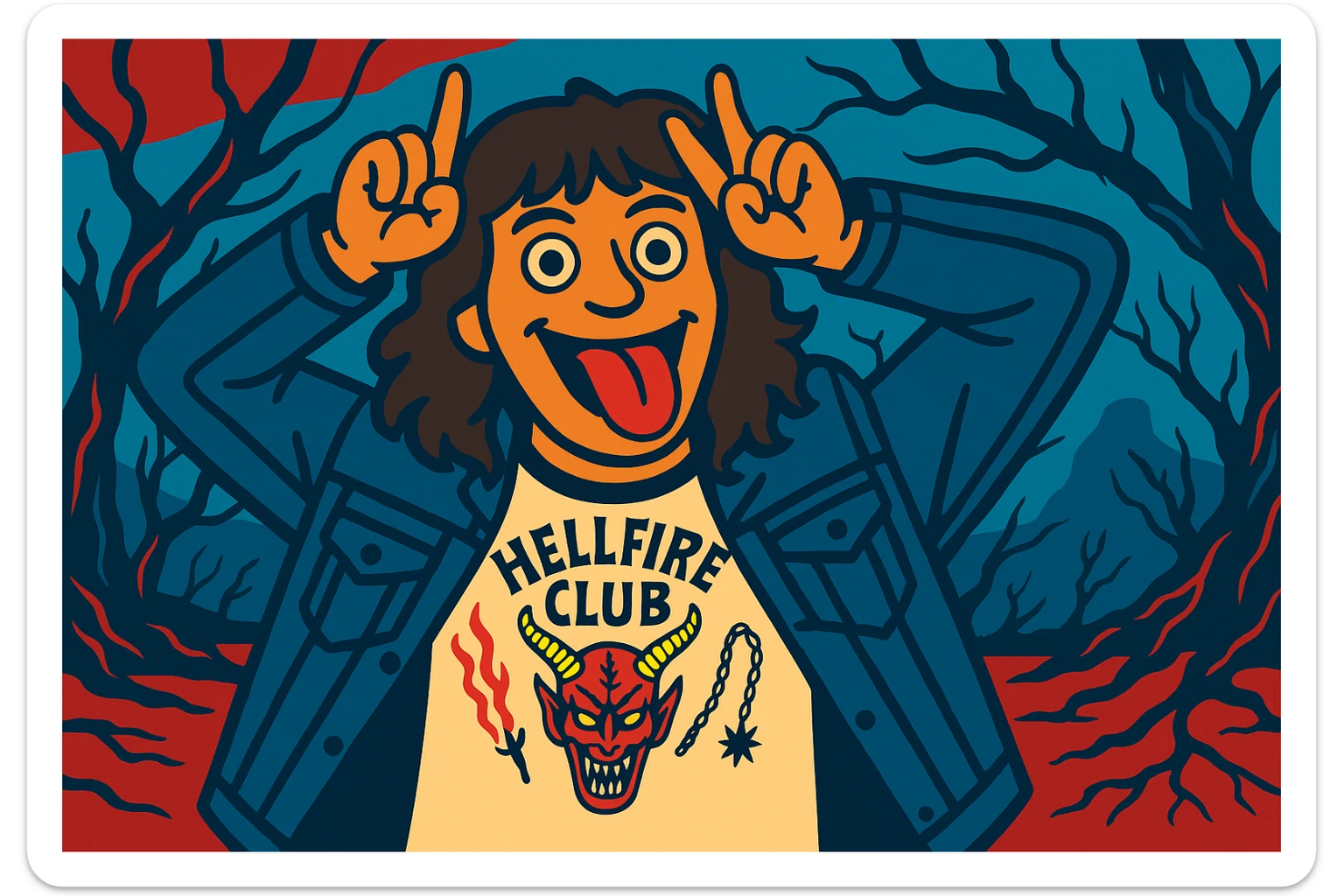 Eddie Munson in vibrant toon style, wide aspect ratio (16:9), making a playful face with hands as horns and tongue out, with a bright, colorful background of the Upside Down, lighter vivid colors and dark outlines. sticker