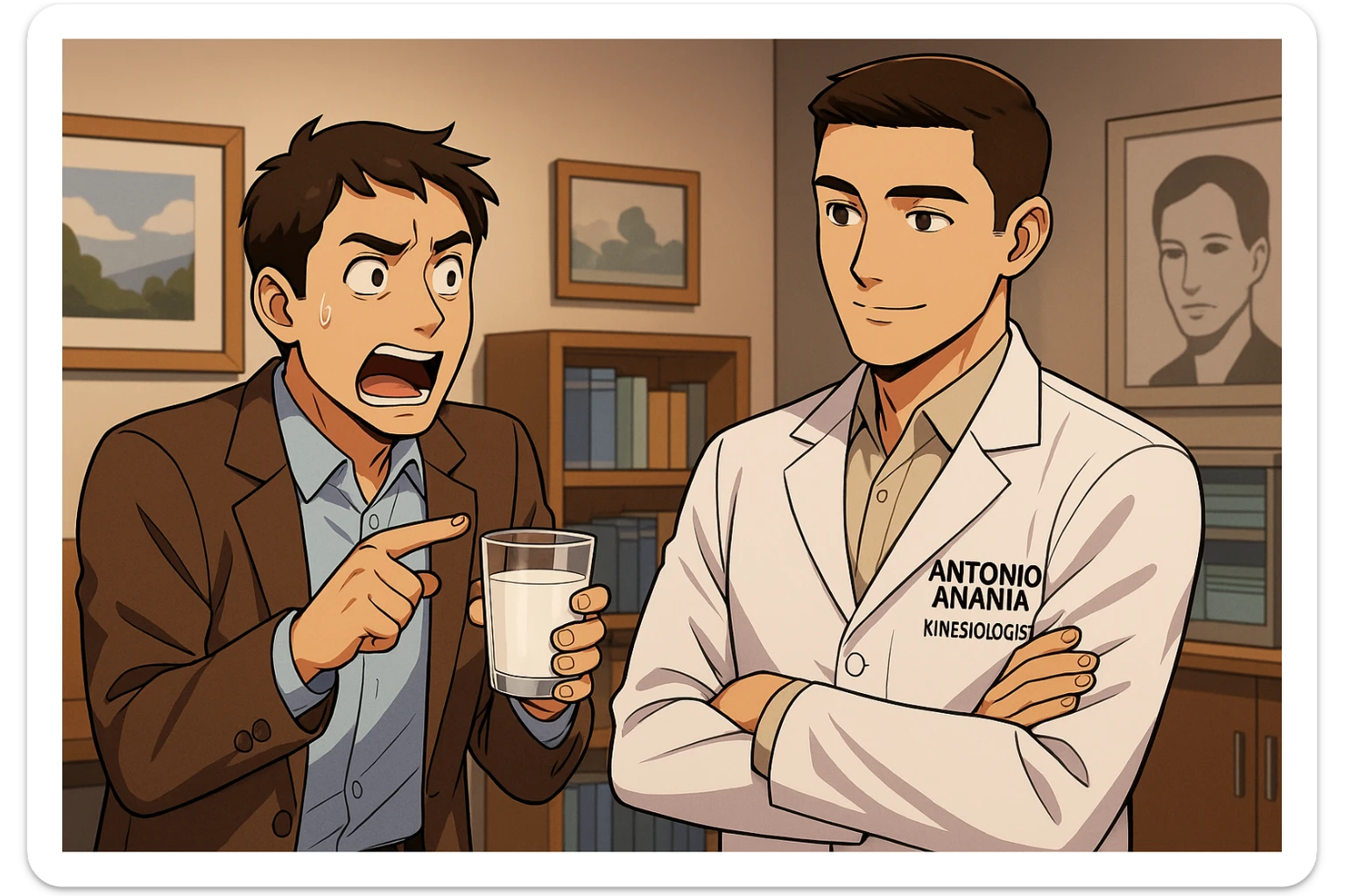 fai un webtoon manga a colori con questo stile, in cui un uomo chiede al kinesiologo con il camice bianco (fagli anche la scritta "ANTONIO ANANIA" SUL CAMICE, una domanda e il kinesiologo gli risponde, L'UOMO INDICA IL BICCHIERE DI LATTE CHE HA IN MANO ED è MOLTO ALLARMATO NEL FARE LA DOMANDA. non fare i fumetti però, fai solo in modo che sembri stiano parlando sticker